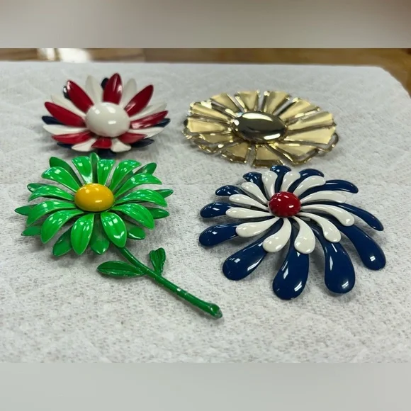 Vintage MCM Colorful Retro Flower Brooch Set 60s 70s Hippie Colorful Floral - Picture 2 of 14